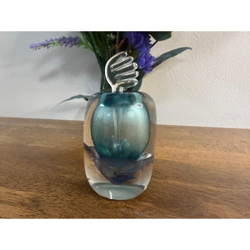 Pavel Molnar Signed Art Glass Sculpture Paperweight Blue Apple Hand Blown Studio
